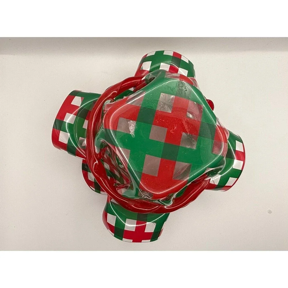 Vintage Christmas Plastic Ruffled Dish Red & Green Plaid Ribbon Candy Bowl